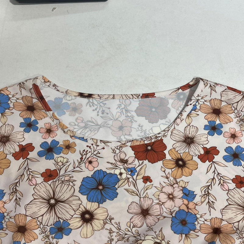 Women's Floral Print Boho Dress, Round Neck Smocked Cuff Sleeve Midi Dress With Patchwork Design For Spring And Fall