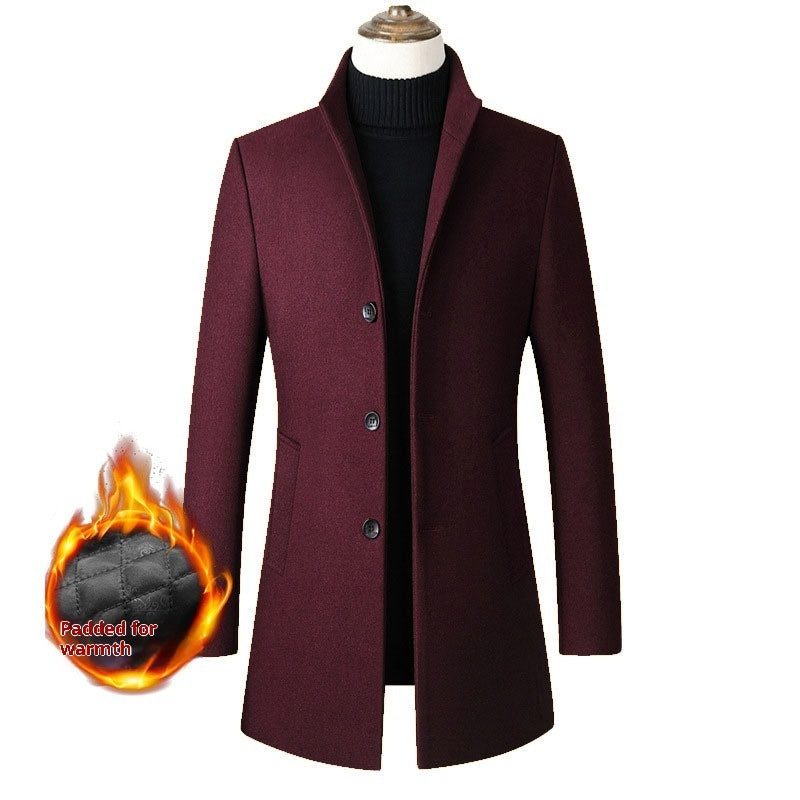 European And American Single-breasted Stand Collar Coat Cotton Padded Men's Trench Coat Woolen Coat