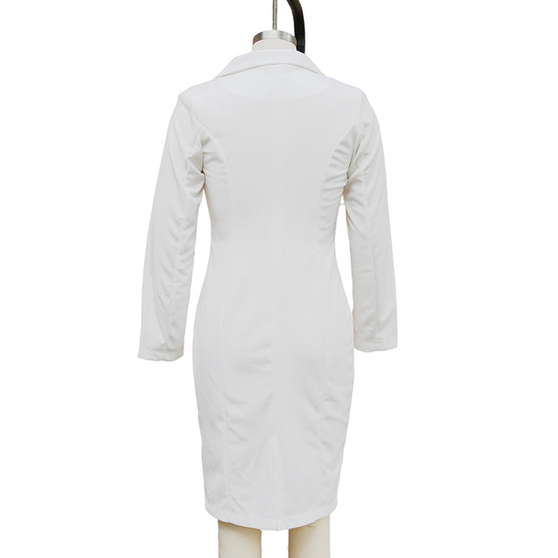 Women's Solid Color Notch Lapel Dress Long Sleeve Button Front Midi Dress For Office & Formal Wear