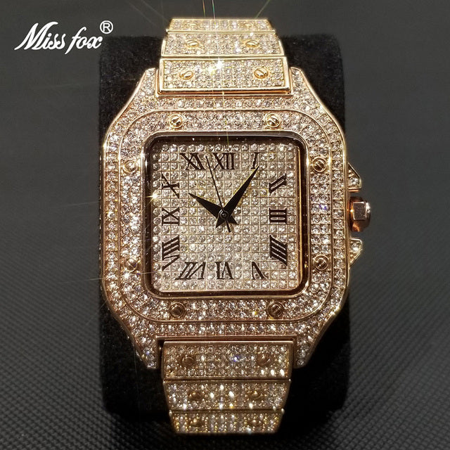 MISSFOX Ice Out Square Watch For Men Top Brand Luxury Full Diamond Mens Watches Ultra Thin Waterproof Hip Hop Clock Dropshipping