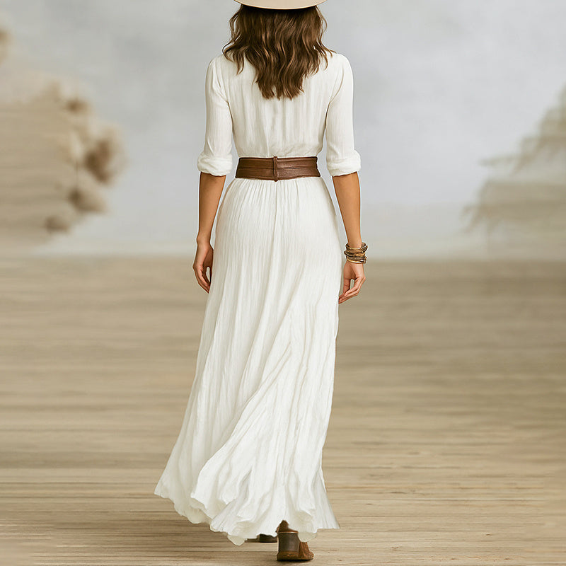 Women's Solid Color Lapel Long Sleeve Dress Button Front Belted Maxi Dress With Pleated High Slit For Spring&Fall