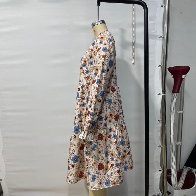 Women's Floral Print Boho Dress, Round Neck Smocked Cuff Sleeve Midi Dress With Patchwork Design For Spring And Fall