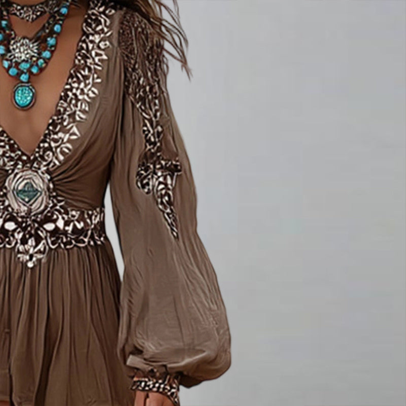 Women's Patchwork V-Neck Dress With Puff Sleeves & Asymmetric Hem, Western Style Flowy Boho Long Dress For Spring Fall