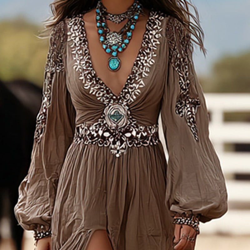 Women's Patchwork V-Neck Dress With Puff Sleeves & Asymmetric Hem, Western Style Flowy Boho Long Dress For Spring Fall