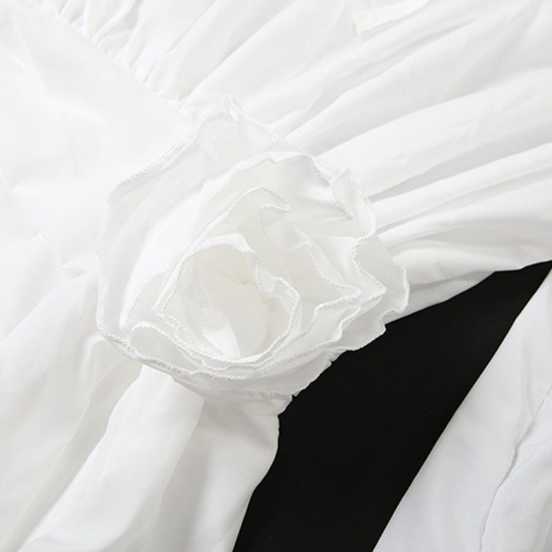 Women's Elegant Solid Color Tie-Neck Dress With Floral Applique, Smocked Sleeves & Tiered Ruffle Hem Boho Mini Dress For Spring Summer