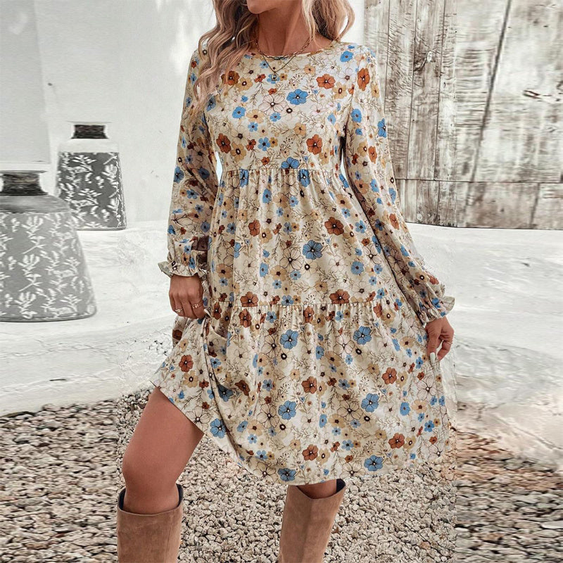 Women's Floral Print Boho Dress, Round Neck Smocked Cuff Sleeve Midi Dress With Patchwork Design For Spring And Fall