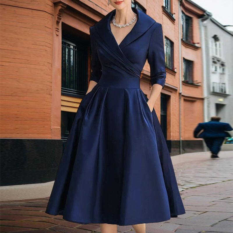 Women's Elegant Solid Cross V-Neck Midi Dress With Flared Skirt And Pockets Spring Summer Formal Dress