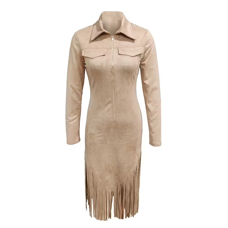 Women's Western Style Zip-Front Dress Solid Color Lapel Long Sleeve Bodycon Midi Dress With Fringe Hem  Belt Not Included