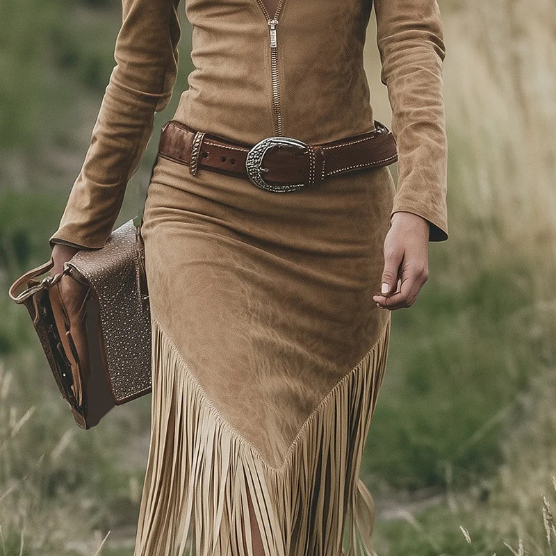 Women's Western Style Zip-Front Dress Solid Color Lapel Long Sleeve Bodycon Midi Dress With Fringe Hem  Belt Not Included