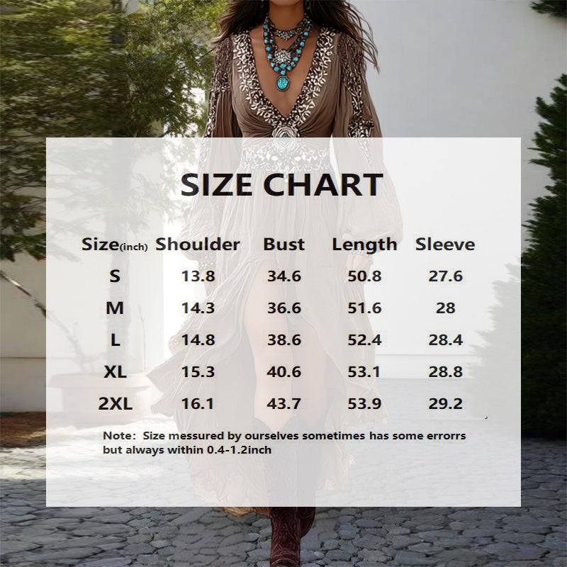 Women's Patchwork V-Neck Dress With Puff Sleeves & Asymmetric Hem, Western Style Flowy Boho Long Dress For Spring Fall