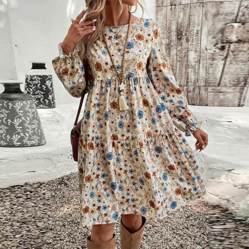 Women's Floral Print Boho Dress, Round Neck Smocked Cuff Sleeve Midi Dress With Patchwork Design For Spring And Fall