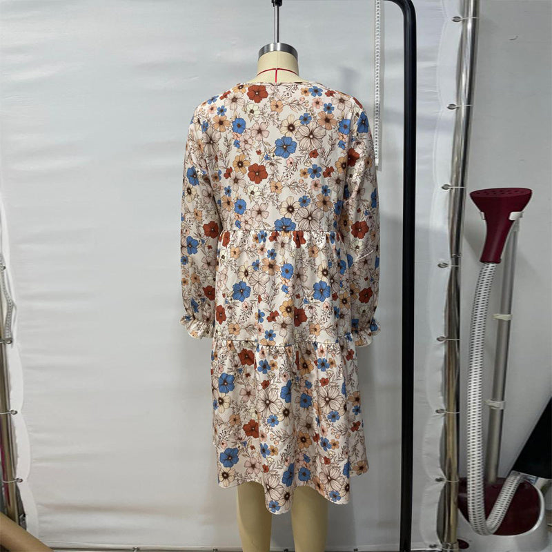 Women's Floral Print Boho Dress, Round Neck Smocked Cuff Sleeve Midi Dress With Patchwork Design For Spring And Fall