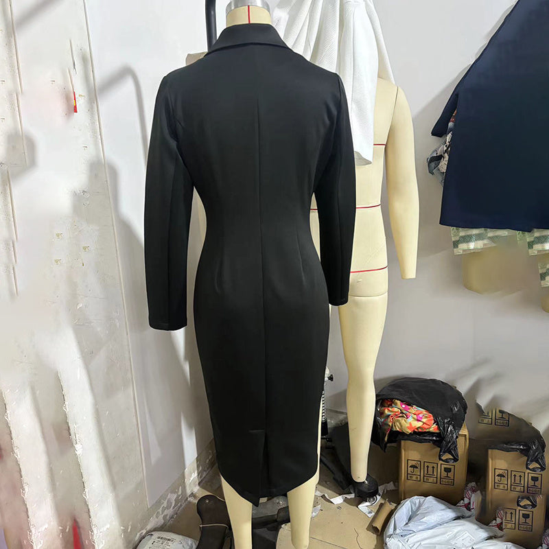 Women's Solid Color V-Neck Blazer Dress, Long Sleeve Button Down Midi Dress For Office And Formal Wear