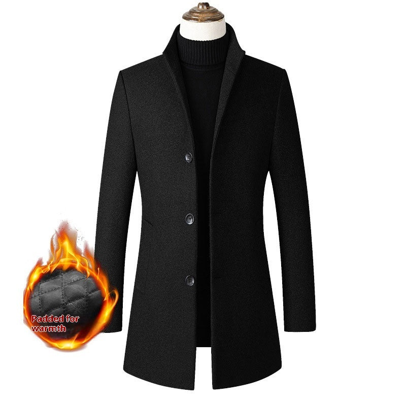 European And American Single-breasted Stand Collar Coat Cotton Padded Men's Trench Coat Woolen Coat