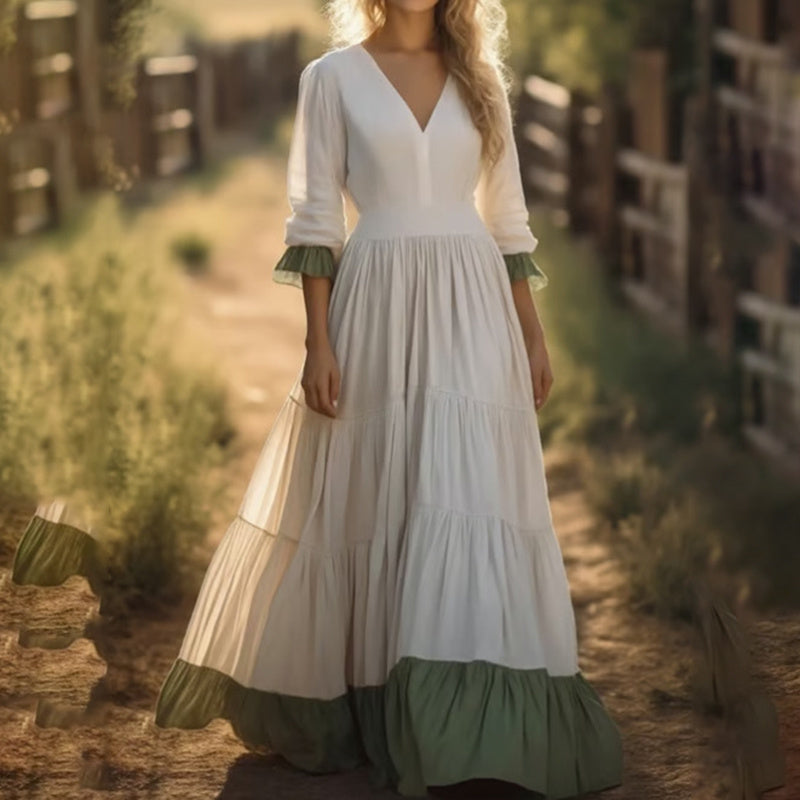 Women's Long Sleeve Maxi Dress V Neck Flowy Swing Ruffle Tiered Fall Casual Dresses