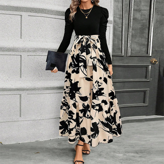 Women's Round Neck Long Sleeve Dress, Patchwork Print & Pleated Maxi Dress With Waist Bow For Spring & Fall