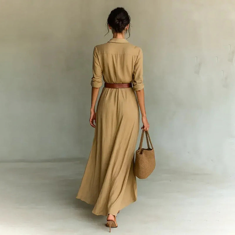 Women Long Sleeve Ruched Elegant Maxi Dress Button Down Shirt Long Dress With Belts