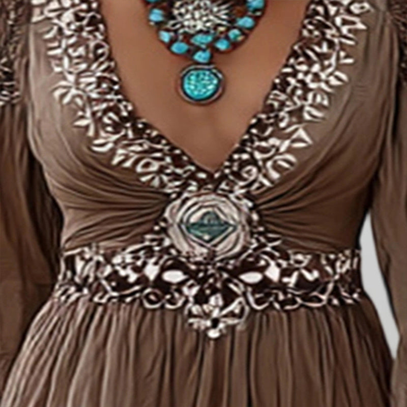 Women's Patchwork V-Neck Dress With Puff Sleeves & Asymmetric Hem, Western Style Flowy Boho Long Dress For Spring Fall