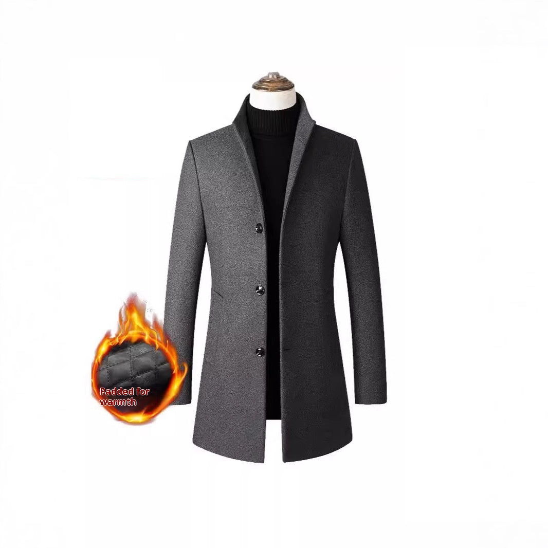 European And American Single-breasted Stand Collar Coat Cotton Padded Men's Trench Coat Woolen Coat