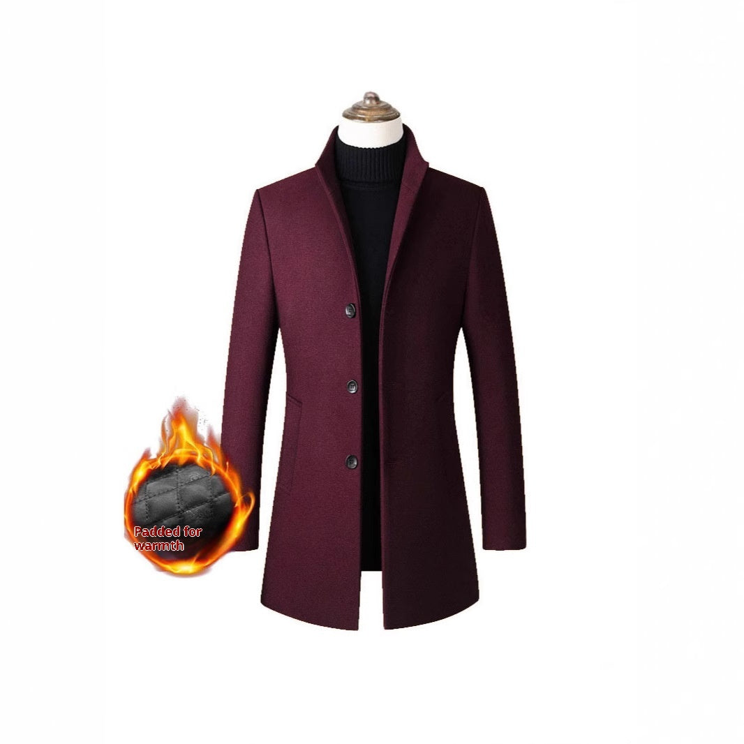 European And American Single-breasted Stand Collar Coat Cotton Padded Men's Trench Coat Woolen Coat