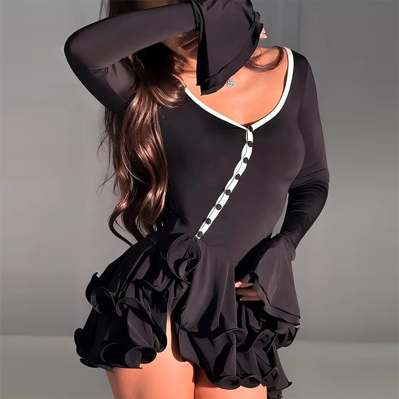 Women's Sexy Deep V-Neck Mini Dress With Flared Sleeves, Short Button Front Ruffle Hem Bodycon Dress