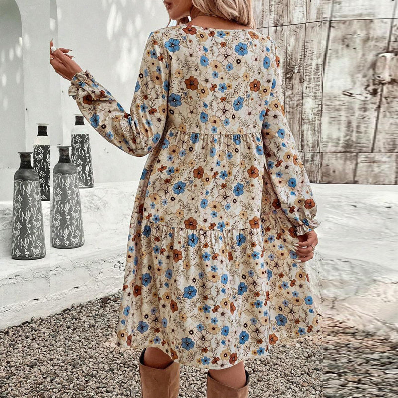 Women's Floral Print Boho Dress, Round Neck Smocked Cuff Sleeve Midi Dress With Patchwork Design For Spring And Fall