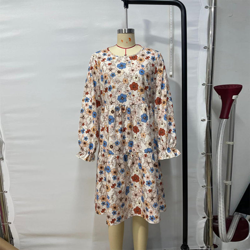 Women's Floral Print Boho Dress, Round Neck Smocked Cuff Sleeve Midi Dress With Patchwork Design For Spring And Fall