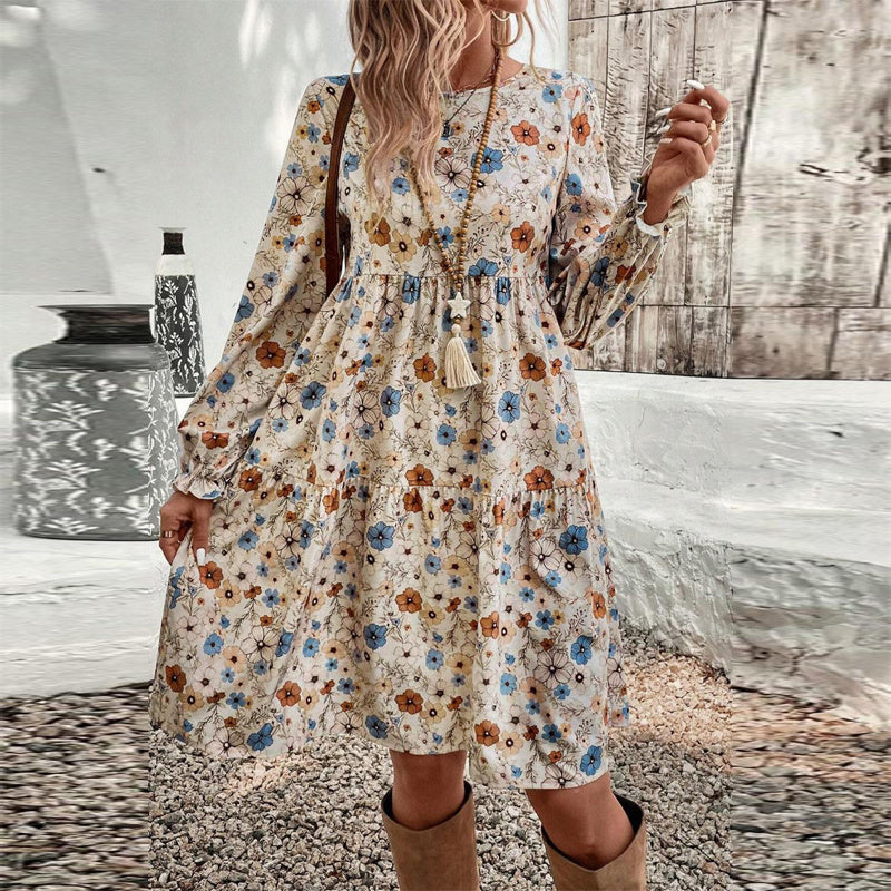 Women's Floral Print Boho Dress, Round Neck Smocked Cuff Sleeve Midi Dress With Patchwork Design For Spring And Fall