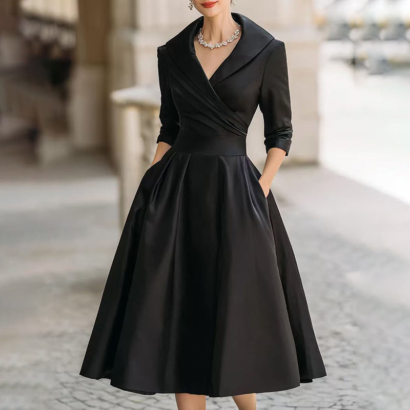Women's Elegant Solid Cross V-Neck Midi Dress With Flared Skirt And Pockets Spring Summer Formal Dress