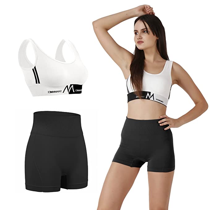 Athleisure Sports Shorts & Bra, High Waist Tummy Control Yoga Shorts with M-Letter Wide No Steel Ring Bra for Women