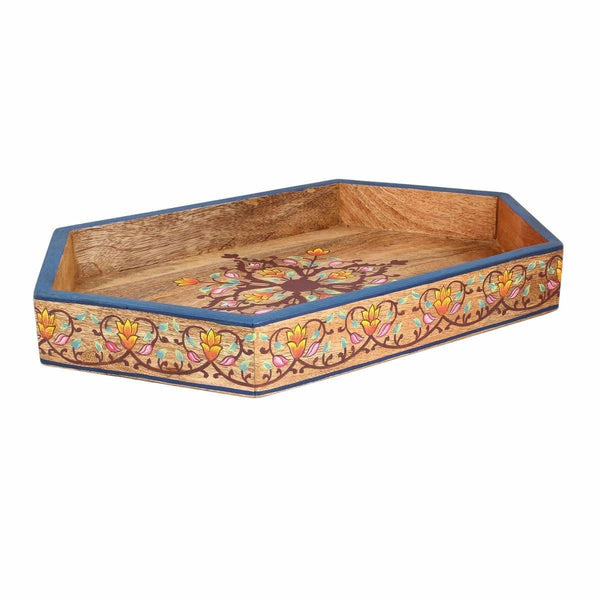 Antique Look Hand - Painted Hexagonal Wooden Tray - 