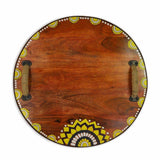 Hand - Painted Brown Wooden Tray with Handle - 