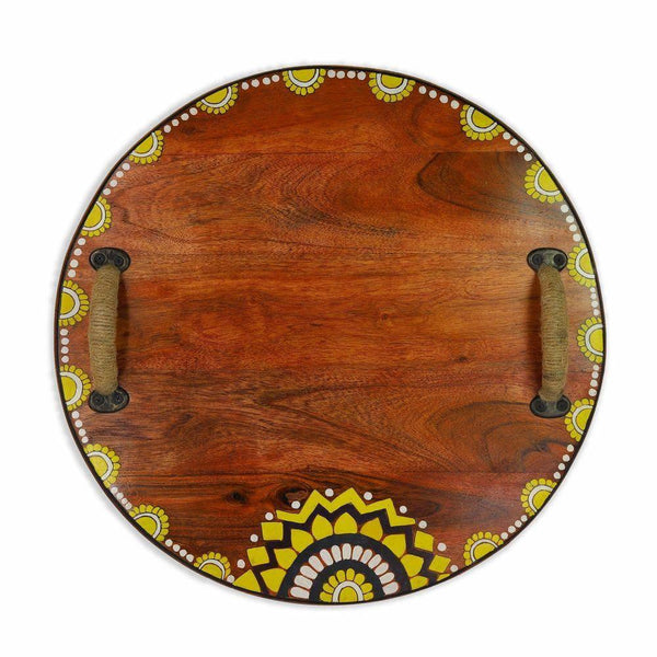 Hand - Painted Brown Wooden Tray with Handle - 