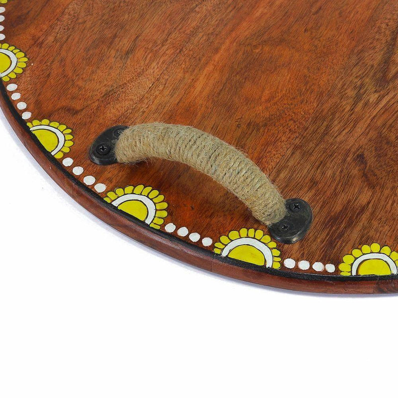 Hand - Painted Brown Wooden Tray with Handle - 